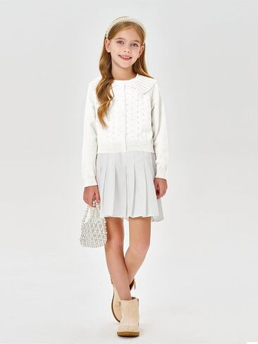 Girls Peter Pan Collar Cardigan Kids Cute Button Down Hollow Out Kit Tops Clothes 4-14 Years in Saudi Arabia