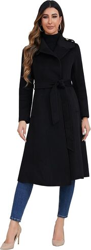 JMXITI Women's Notch Lapel Collar Pea Coat Long Sleeve Casual Coat Fall Winter Long Overcoat with Belt in Saudi Arabia
