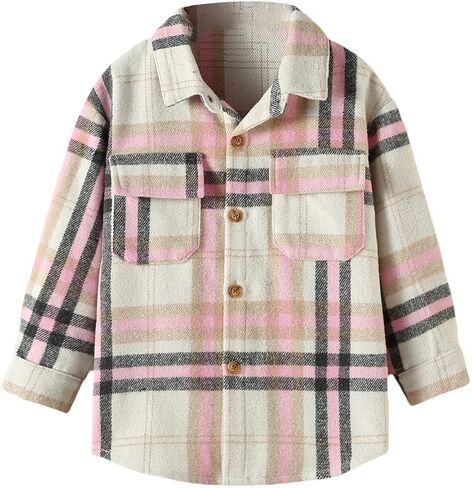 Canis Kids Baby Boys Girls Plaid Flannel Jacket Long Sleeve Button Down Shacket Coat Outwear with Pocket in Saudi Arabia