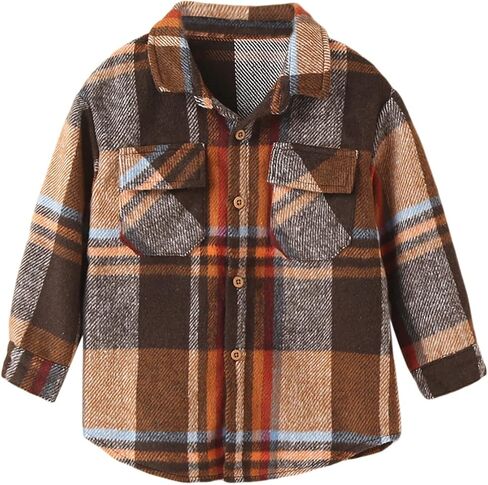 Canis Kids Baby Boys Girls Plaid Flannel Jacket Long Sleeve Button Down Shacket Coat Outwear with Pocket in Saudi Arabia