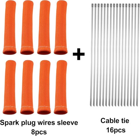 X AUTOHAUX 8 Pcs High Heat Shield Engine Spark Plug Wire Boots Protector Sleeve Cover with 16 Pcs Stainless Steel Wire Cable Ties Set for Car Orange in Saudi Arabia