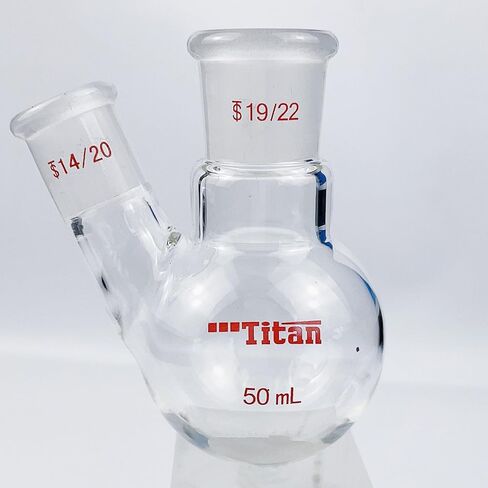 Glass 50ml Heavy Wall 2 Neck Round Bottom Flask, with 19/22 Center and Side Standard Taper Outer Joint - 50ml in Saudi Arabia
