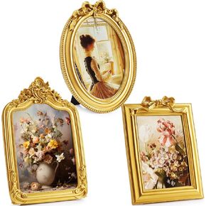 QUNCLAY 3 PCS عتيقة الراتنج إطار الصورة 4 × 6،5 × 7 بوصات إطارات الصور المزخرفة بيضاوية المستطيل الباروك العتيقة لجدار شنق المنزل الزفاف (رواية) in Kuwait