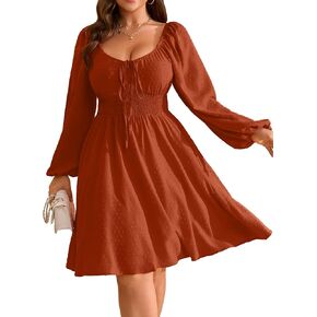 RWJ Women's Plus Size Wedding Guest Dress Swiss Dot Square Neck Long Squyed Smoocked Mini Dresses in Kuwait