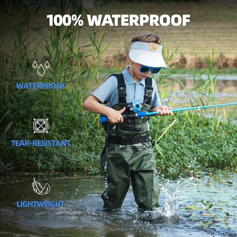 Kids Chest Waders with Boots, Waterproof PVC Youth Fishing Waders with Reinforced Knees & Reflective Strips in Kuwait