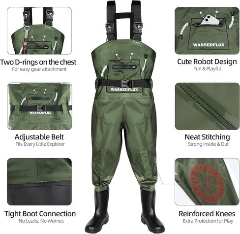 Kids Chest Waders with Boots, Waterproof PVC Youth Fishing Waders with Reinforced Knees & Reflective Strips in Kuwait
