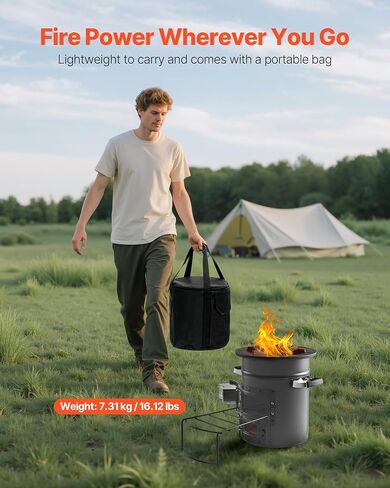 VEVOR Camping Rocket Stove, Wood Burning Portable Rocket Stove with Carrying Bag for Backpacking, SPCC Steel, Double Door, Burn Twigs, Sticks or Charcoals for Outdoor Cooking, Backyard, Camp Cooking in Saudi Arabia