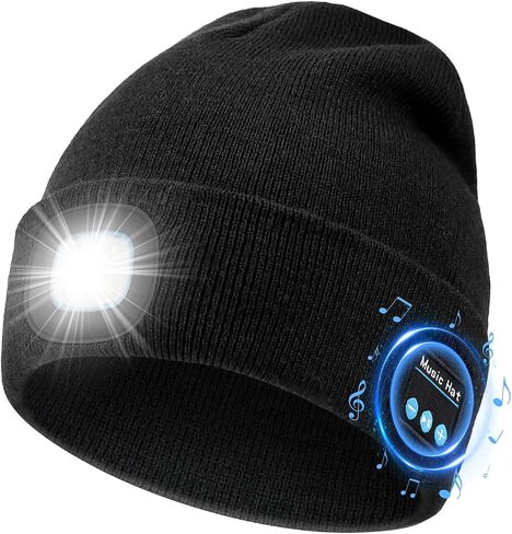 MUSIC LED Beanie Hat with Bluetooth, Multiple Adjustable Light Modes Hat, USB Rechargeable Knit Cap with Headphones Headlamp, Hands-Free Calling, Stocking Stuffers for Men Women Black in Kuwait