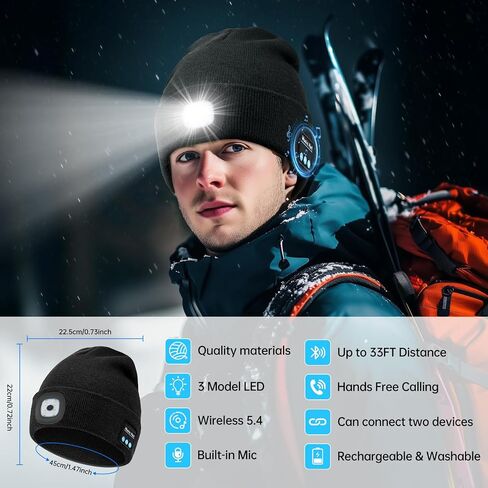 MUSIC LED Beanie Hat with Bluetooth, Multiple Adjustable Light Modes Hat, USB Rechargeable Knit Cap with Headphones Headlamp, Hands-Free Calling, Stocking Stuffers for Men Women Black in Kuwait