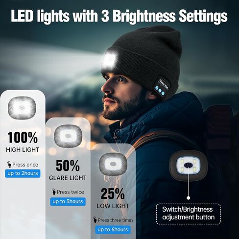 MUSIC LED Beanie Hat with Bluetooth, Multiple Adjustable Light Modes Hat, USB Rechargeable Knit Cap with Headphones Headlamp, Hands-Free Calling, Stocking Stuffers for Men Women Black in Kuwait
