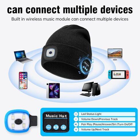MUSIC LED Beanie Hat with Bluetooth, Multiple Adjustable Light Modes Hat, USB Rechargeable Knit Cap with Headphones Headlamp, Hands-Free Calling, Stocking Stuffers for Men Women Black in Kuwait