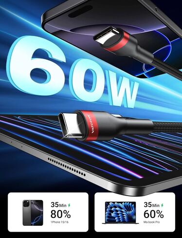 كابل USB C قصير PD 60 وات (عبوتان)، كابل USB C بطول 6 بوصة، كابل USB C مجدول من النايلون من النوع C إلى النوع C/كابلات شحن سريعة لسلسلة 1Phone17/16/15، 1Pad Pro/Air، سلسلة Samsung Galaxy، Google Pixel in Kuwait