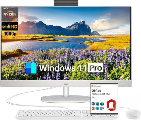 كمبيوتر HP All in One المكتبي مقاس 27 بوصة، مع ترخيص Microsoft Office مدى الحياة، 27 بوصة FHD IPS الكل في واحد، AMD Ryzen 3 7320U، ذاكرة الوصول العشوائي 8 جيجابايت، 512 جيجابايت SSD، Wi-Fi 6، Windows 11 Pro، مع الملحقات in Kuwait
