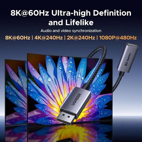 UGREEN 8K@60Hz Display Port to HDMI Adapter, Unidirectional DP 1.4 PC to HDMI 2.1 Screen Male to Female Cable, 4K@240Hz/2K@240Hz with VRR for Desktop, Projector Compatible with AMD, NVIDIA, 0.66FT in Saudi Arabia