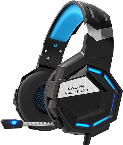 Gaming Headset - Chououkiu Headset Gaming Headphone for Xbox One, PS4, PC, Surround Sound Over Ear Headphones with Noise Cancelling Mic, LED Light Bass Surround Soft Memory Earmuffs (Blue) in Saudi Arabia