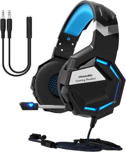 Gaming Headset - Chououkiu Headset Gaming Headphone for Xbox One, PS4, PC, Surround Sound Over Ear Headphones with Noise Cancelling Mic, LED Light Bass Surround Soft Memory Earmuffs (Blue) in Saudi Arabia