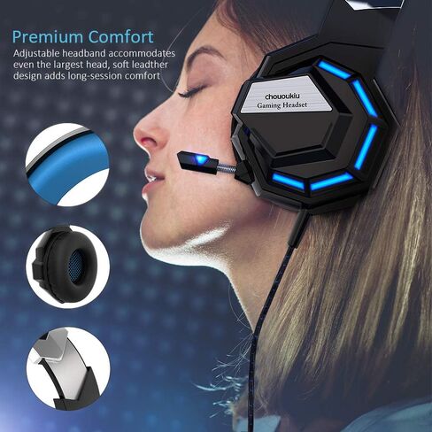 Gaming Headset - Chououkiu Headset Gaming Headphone for Xbox One, PS4, PC, Surround Sound Over Ear Headphones with Noise Cancelling Mic, LED Light Bass Surround Soft Memory Earmuffs (Blue) in Saudi Arabia
