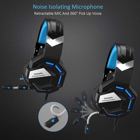 Gaming Headset - Chououkiu Headset Gaming Headphone for Xbox One, PS4, PC, Surround Sound Over Ear Headphones with Noise Cancelling Mic, LED Light Bass Surround Soft Memory Earmuffs (Blue) in Saudi Arabia