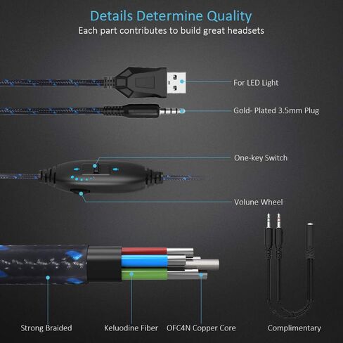 Gaming Headset - Chououkiu Headset Gaming Headphone for Xbox One, PS4, PC, Surround Sound Over Ear Headphones with Noise Cancelling Mic, LED Light Bass Surround Soft Memory Earmuffs (Blue) in Saudi Arabia