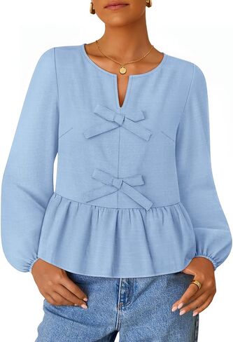 ZESICA Women's Long Sleeve Babydoll Tops Crewneck Tie Front Casual Loose Ruffle Flowy Peplum Shirts 2025 Fall Blouses in Saudi Arabia