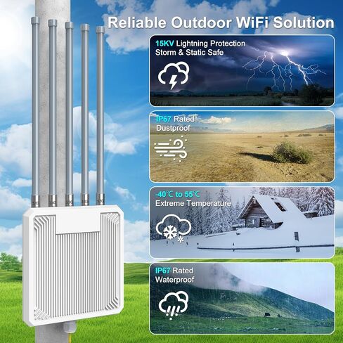 AX3000 WiFi 6 موسع خارجي طويل المدى، IP67 معزز إشارة نقطة وصول لاسلكية مقاومة للماء، VunLink 5G+2.4G مكرر واي فاي ثنائي النطاق، هوائيات 5 × 8dBi، وضع شبكي، لـ Starlink، Yard، Farm، RV. in Kuwait