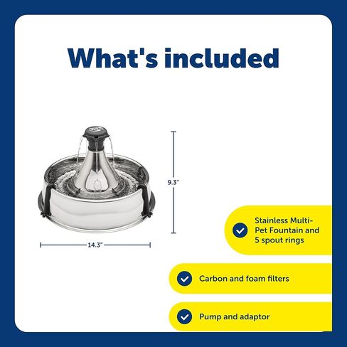 PetSafe Stainless 360 Pet Fountain - 1 Gallon (128 oz) Dog and Cat Water Fountain - Water Filters Remove Hair - Water Dispenser Entices Pets to Drink - Customizable Cat and Dog Water Bowl Dispenser in Saudi Arabia