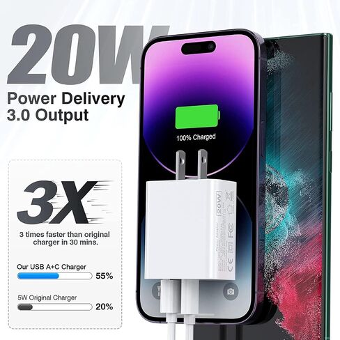 USB C Charger Block,3Pack 20W Dual Port USB C Wall Charger Plug Fast Charging Adapter USB A Quick Charging Brick Plug for iPhone Air/17 Pro Max/16E/16 ProMax/16Plus/15/14/13/12/11/XS,iPad Pro,AirPods in Saudi Arabia