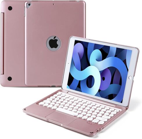 حافظة لوحة مفاتيح بلوتوث لاسلكية مع ماوس لوحة اللمس لجهاز iPad 9th 8th 7th Gen 10.2 بوصة، iPad Air 3rd 10.5 بوصة، iPad Pro 10.5 بوصة، حافظة لوحة مفاتيح لاسلكية ذكية 360 درجة غطاء حماية كامل (ذهبي وردي) in Kuwait