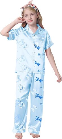 Umeyda Girls Womens Pajamas Set, Satin Silky Button Down Loungewear 2 Piece Short Sleeve Pants PJS Sets for Mommy Kids in Saudi Arabia