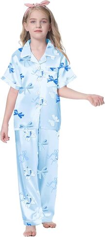Umeyda Girls Womens Pajamas Set, Satin Silky Button Down Loungewear 2 Piece Short Sleeve Pants PJS Sets for Mommy Kids in Saudi Arabia