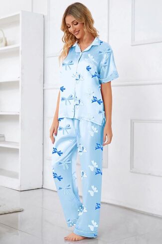 Umeyda Girls Womens Pajamas Set, Satin Silky Button Down Loungewear 2 Piece Short Sleeve Pants PJS Sets for Mommy Kids in Saudi Arabia