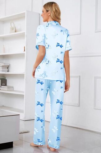 Umeyda Girls Womens Pajamas Set, Satin Silky Button Down Loungewear 2 Piece Short Sleeve Pants PJS Sets for Mommy Kids in Saudi Arabia