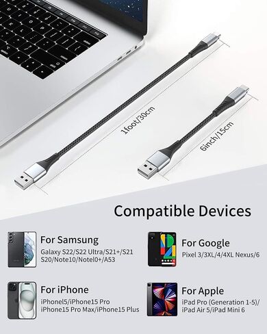 كابل USB C إلى USB C بطول 2 قدم، 3 قطع سلك شحن USB C إلى C مضفر 60 وات/3 أمبير من النوع C إلى النوع C شاحن سيارة سريع الشحن لهاتف iPhone 16 15 Pro Max وSamsung Galaxy S23 S22 وMoto LG وGoogle Pixel وiPad in Kuwait