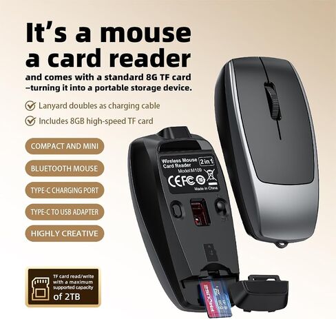 FMOUSE Ultra-Compact 2-in-1 Bluetooth Mouse + TF Card Reader - Rechargeable Lanyard Cable, Thumb-Sized Design (78×38×22mm), 2TB Capacity Support, Ideal for Mobile Professionals & Travel, Grey in Kuwait
