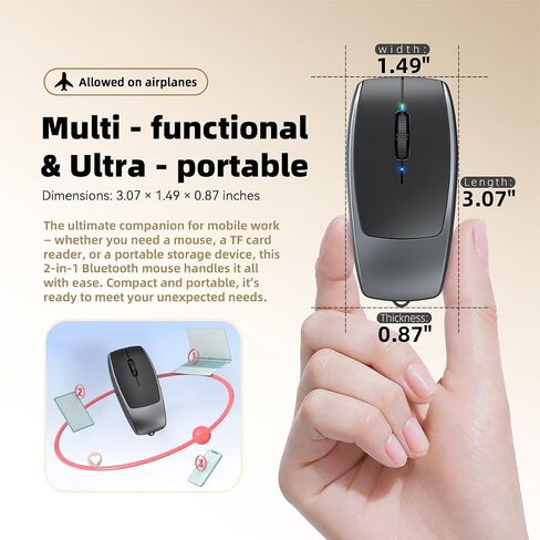 FMOUSE Ultra-Compact 2-in-1 Bluetooth Mouse + TF Card Reader - Rechargeable Lanyard Cable, Thumb-Sized Design (78×38×22mm), 2TB Capacity Support, Ideal for Mobile Professionals & Travel, Grey in Kuwait