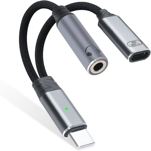 One-to-Two USB-C to 3.5mm Headphone/USB-C Charger Adapter with PD100W Fast Charging Cable, Compatible with iPhone 16/15 Pro Max, iPad, MacBook, Samsung Galaxy S25, S24, S23, Pixel Ultra, etc. (Gray) in Saudi Arabia