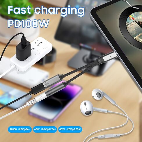 One-to-Two USB-C to 3.5mm Headphone/USB-C Charger Adapter with PD100W Fast Charging Cable, Compatible with iPhone 16/15 Pro Max, iPad, MacBook, Samsung Galaxy S25, S24, S23, Pixel Ultra, etc. (Gray) in Saudi Arabia