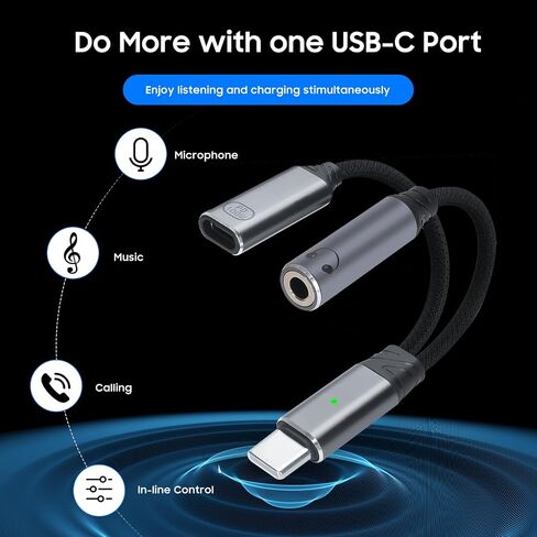 One-to-Two USB-C to 3.5mm Headphone/USB-C Charger Adapter with PD100W Fast Charging Cable, Compatible with iPhone 16/15 Pro Max, iPad, MacBook, Samsung Galaxy S25, S24, S23, Pixel Ultra, etc. (Gray) in Saudi Arabia