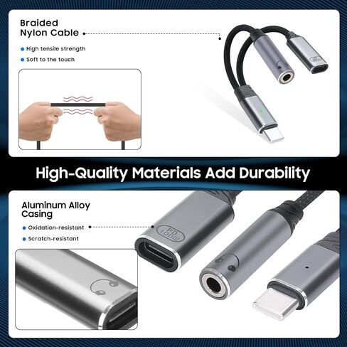 One-to-Two USB-C to 3.5mm Headphone/USB-C Charger Adapter with PD100W Fast Charging Cable, Compatible with iPhone 16/15 Pro Max, iPad, MacBook, Samsung Galaxy S25, S24, S23, Pixel Ultra, etc. (Gray) in Saudi Arabia