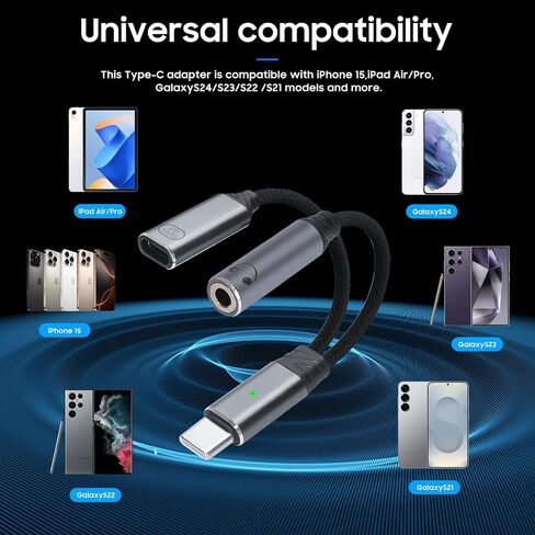 One-to-Two USB-C to 3.5mm Headphone/USB-C Charger Adapter with PD100W Fast Charging Cable, Compatible with iPhone 16/15 Pro Max, iPad, MacBook, Samsung Galaxy S25, S24, S23, Pixel Ultra, etc. (Gray) in Saudi Arabia