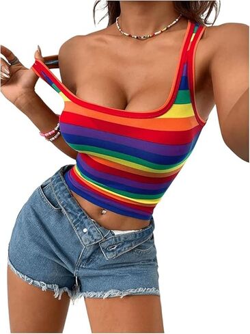 Women's Rainbow Striped Print Crop Tank Tops Sleeveless Scoop Neck Slim Fit Summer Tops in Saudi Arabia