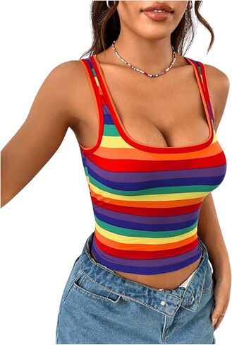 Women's Rainbow Striped Print Crop Tank Tops Sleeveless Scoop Neck Slim Fit Summer Tops in Saudi Arabia