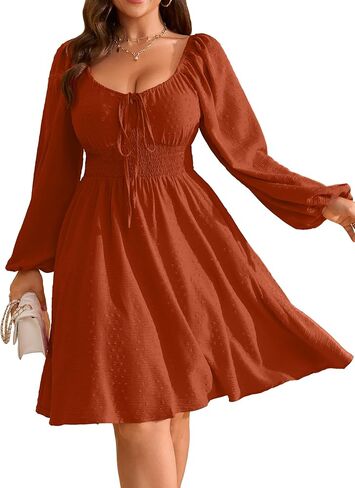 RWJ Women's Plus Size Fall Wedding Guest Dress Swiss Dot Square Neck Long Sleeve Smocked Mini Dresses in Saudi Arabia