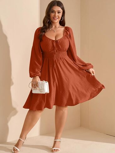RWJ Women's Plus Size Fall Wedding Guest Dress Swiss Dot Square Neck Long Sleeve Smocked Mini Dresses in Saudi Arabia