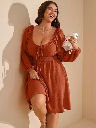 RWJ Women's Plus Size Fall Wedding Guest Dress Swiss Dot Square Neck Long Sleeve Smocked Mini Dresses in Saudi Arabia