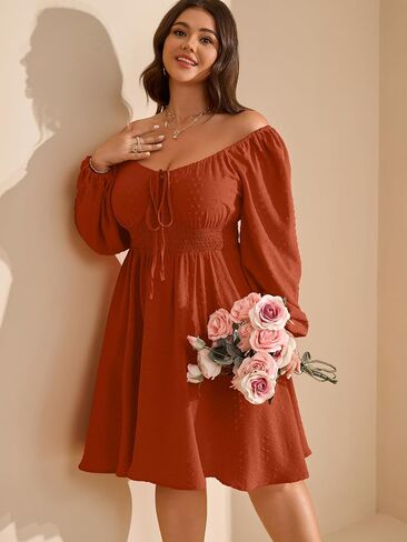 RWJ Women's Plus Size Fall Wedding Guest Dress Swiss Dot Square Neck Long Sleeve Smocked Mini Dresses in Saudi Arabia
