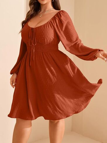 RWJ Women's Plus Size Fall Wedding Guest Dress Swiss Dot Square Neck Long Sleeve Smocked Mini Dresses in Saudi Arabia