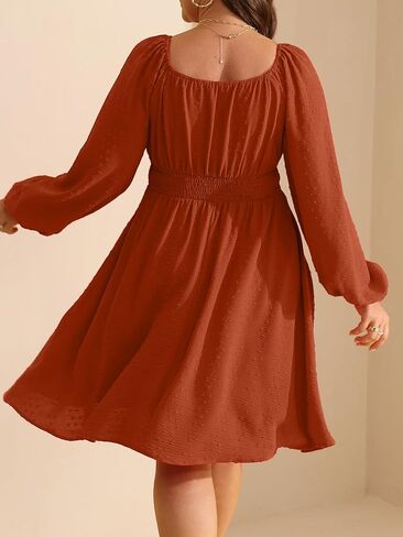 RWJ Women's Plus Size Fall Wedding Guest Dress Swiss Dot Square Neck Long Sleeve Smocked Mini Dresses in Saudi Arabia