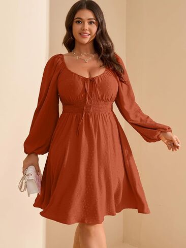 RWJ Women's Plus Size Fall Wedding Guest Dress Swiss Dot Square Neck Long Sleeve Smocked Mini Dresses in Saudi Arabia