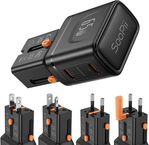 محول السفر العالمي SooPii، محول طاقة GaN بقدرة 65 وات مع منفذين USB-C، محول طاقة دولي، شاحن سفر مع قابس الولايات المتحدة/المملكة المتحدة/الاتحاد الأوروبي/الاتحاد الأفريقي لأجهزة iPhone 16/15، وGalaxy S25/S24، وiPad، إلخ. in Saudi Arabia